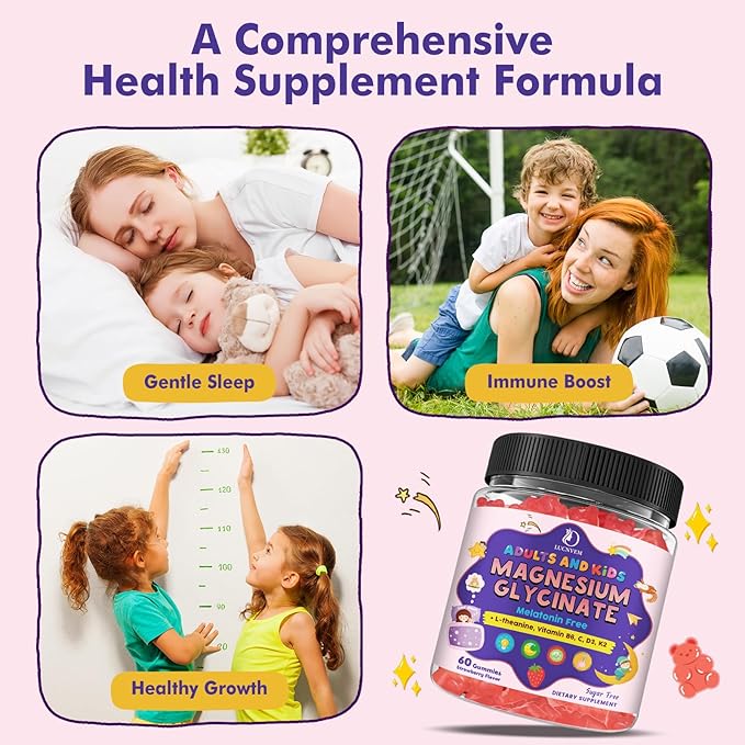 Magnesium Glycinate Gummies for Kids 4+ & Adults- Melatonin Free Sleep Aid, Magnesium Glycinate 150/300 mg Supplements for Calm & Relaxation Support, Sugar Free Strawberry Flavor, 120 Ct