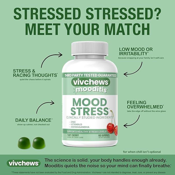 Mood & Stress Gummies – Zinc, Vitamin D & Ashwagandha for Calm & Emotional Balance, Natural Tart Cherry Flavor, Fruit Pectin Based, Non-GMO, No Artificial Colors or Sweeteners, 60 Count