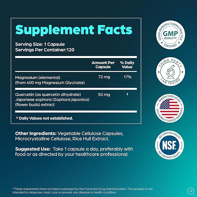 Magnesium Glycinate 400mg High Absorption Capsules with Quercetin | Quality Sleep, Relaxation & Muscle Health Supplement for Women and Men | Chelated Magnesium 120 Count (Pack of 2) | Easy to Swallow