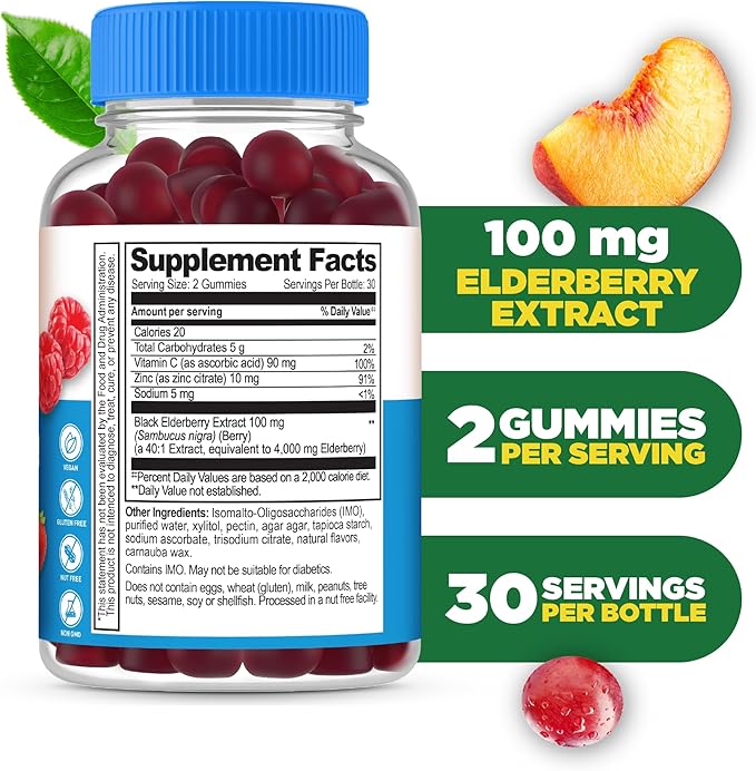 Lifeable Sugar Free Elderberry Gummies with Vitamin C and Zinc | Great Tasting Sambucus Elderberry Immune Support Supplement | Kosher, Vegan, Non GMO Black Elderberry for Adults | 60 Gummies