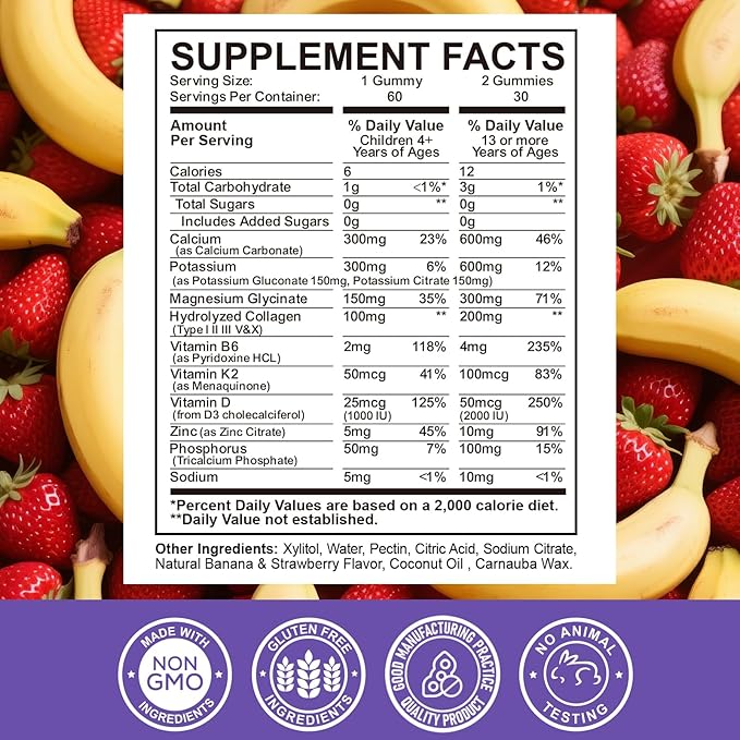 Calcium Potassium Magnesium Gummies for Kids & Adults, Magnesium Potassium Calcium Supplement for Kids, Sleep, Bone Strength, Density Support, Sugar Free, Juice Banana & Strawberry Flavor, 60 Gummies
