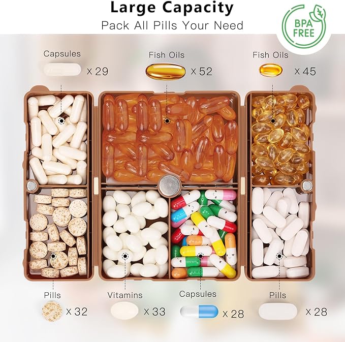 FYY Daily Pill Organizer,7 Compartments Portable Pill Case Travel Pill Organizer,[Folding Design] Pill Box for Purse Pocket to Hold Vitamins,Cod Liver Oil,Supplements and Medication-Brown