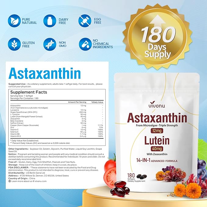 14-in-1 Astaxanthin 12mg & Lutein 40mg with Zeaxanthin Supplements, 24 Month Supply, Fresh Microalgae Source, Supports Eye, Skin, Antioxidant, Joint, Circulatory Health, Non-GMO, Gluten Free, 4 Bag