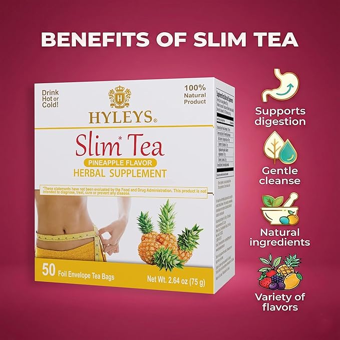 Hyleys Slim Tea Weight Loss Herbal Supplement with Pineapple - Cleanse and Detox - 50 Tea Bags (6 Pack)
