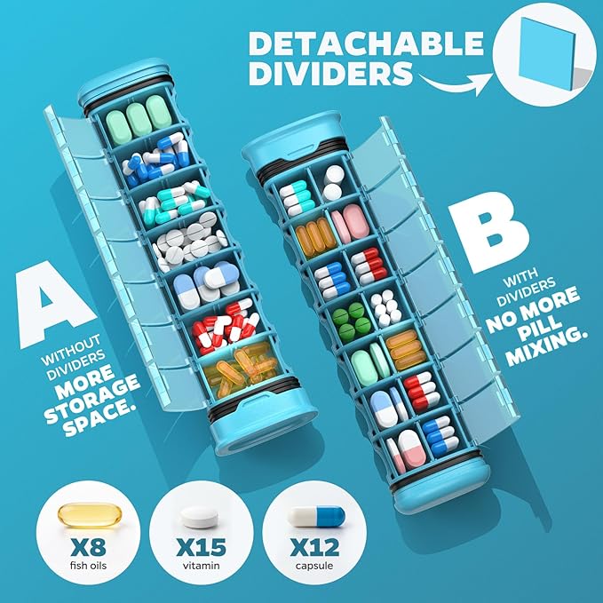 Metal Pill Organizer 2 Times a Day-Travel Pill Box Case with Moisture-Proof Airtight Lids, Weekly Large Capacity AM PM Medicine Container for Vitamins, Fish Oil, Supplements and Medications (Blue)