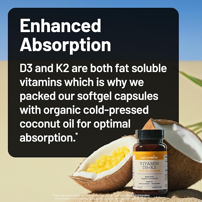NatureWise Vitamin D3 4000IU + K2 (MK7) 100mcg with Organic Extra Virgin Coconut Oil - Supports Calcium Absorption, Bone & Immune Health - Non-GMO, Soy & Gluten-Free - 90 Softgels[3-Month Supply]