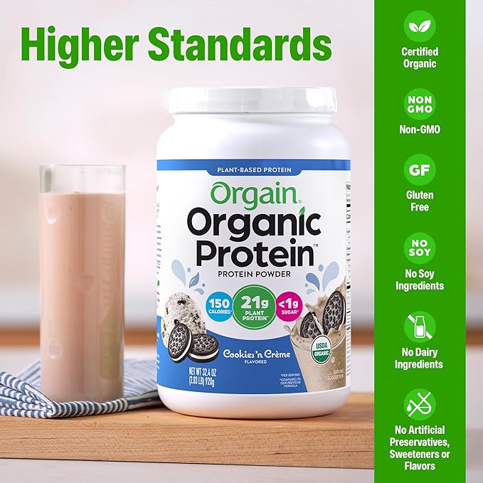 Orgain Organic Vegan Protein Powder, Cookies & Cream - 21g Plant Based Protein, 7g Prebiotic Fiber, Low Net Carb, No Lactose Ingredients, No Added Sugar, Non-GMO, For Shakes & Smoothies, 2.03 lb
