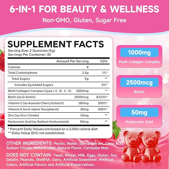 2 Pack Collagen Peptide Gummies for Women & Men, Collagen Protein Type I,II,III,V,X with Biotin Vitamin C, D, Hydrolyzed Collagen Supplement for Skin, Hair, Nails, Raspberry Flavor, 120 Count