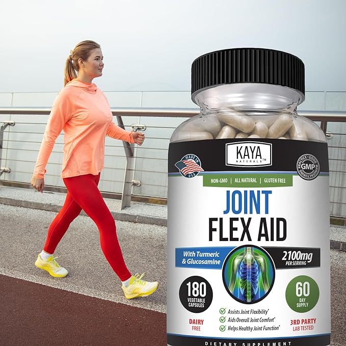 Kaya Naturals Flex Aid - Mobility Support Supplement for Men and Women - Turmeric Capsules with Glucosamine Sulfate, Boswellia Serrata and MSM - for Knee Support and Mobility Health - 180 Count