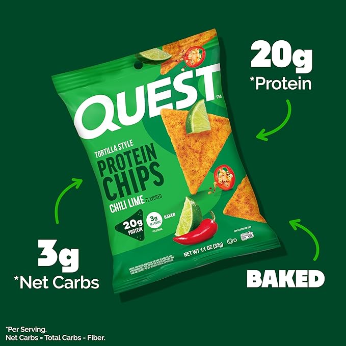 Quest Nutrition Chili Lime Tortilla Style Protein Chips, 20g Protein, 3g Net Carbs, Low Carb, Gluten Free, 1.1 oz (Pack of 4)