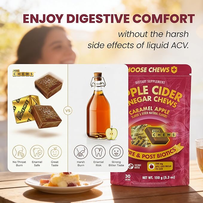 YouChews Apple Cider Vinegar Chews – 500 Mg Organic Apple Cider Vinegar Gummies with Prebiotics & Postbiotics | Gut Balance Support | Low Sugar Apple Cider Gummies | Caramel Flavor | 30 Chews Pack