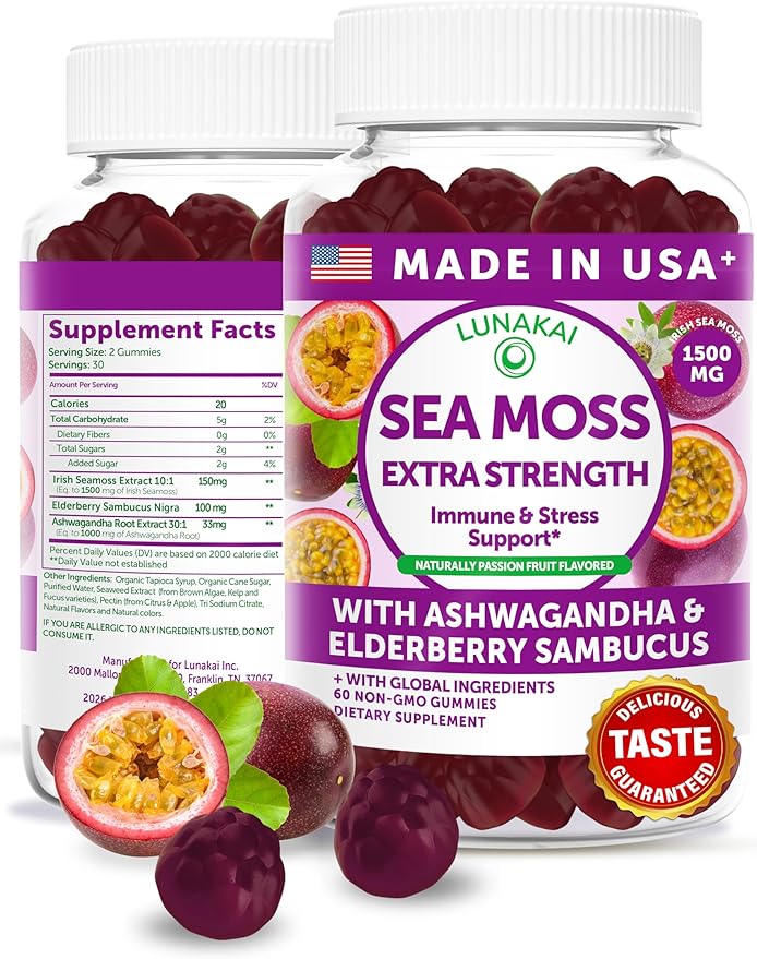 Lunakai USA Made Irish Sea Moss Gummies with Ashwagandha & Elderberry – Delicious Daily Immune & Stress Support Supplement for Men & Women, 60ct
