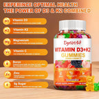 Vitamin D3 + K2 Gummies 2000 IU with Calcium + K2 (MK-7), Magnesium Citrate, Vitamin C, Zinc & Boron – Bone, Heart & Immune Support – Vegan, Non-GMO, Gelatin-Free, Sugar-Free Supplement, 60 Gummies