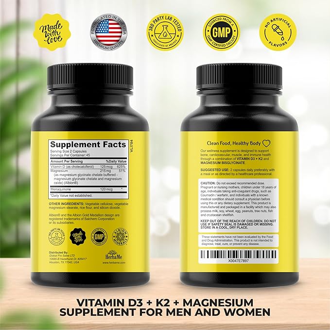 HerbaMe Vitamin D3 5000 IU + K2 with Magnesium Bisglycinate for Max Absorption | 90 Capsules | Immune Support | Promotes Heart, Bone and Muscle Health