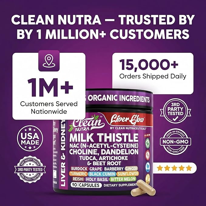 Clean Nutra Organic Milk Thistle Supplement | Liver Cleanse Detox & Repair + NAC Choline Dandelion Root TUDCA Artichoke Beet Root Burdock Holy Basil Kidney & Liver Support 90 Vegan Capsules