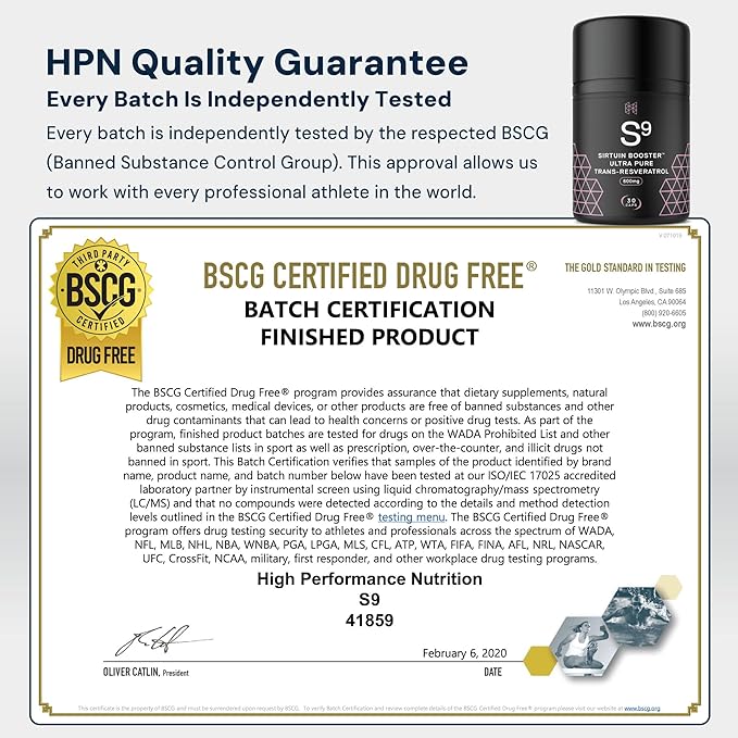 HPN S(9) Sirtuin Booster Ultra Pure Trans Resveratrol Healthy Aging Antioxidant Supplement, High Performance Nutrition, 30 Capsules