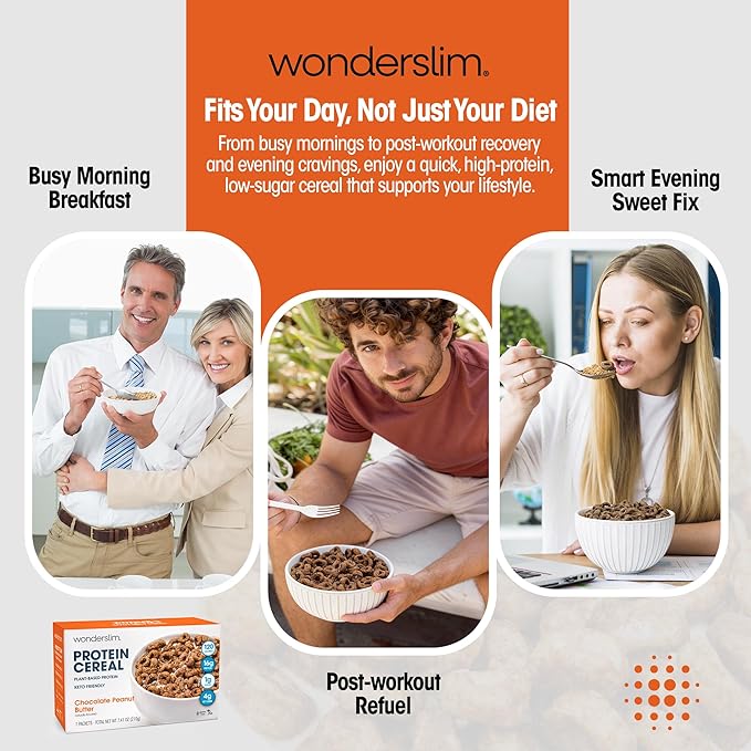 WonderSlim Protein Cereal, Chocolate Peanut Butter, Low Sugar, Gluten Free, Keto Friendly & Low Carb (7ct)