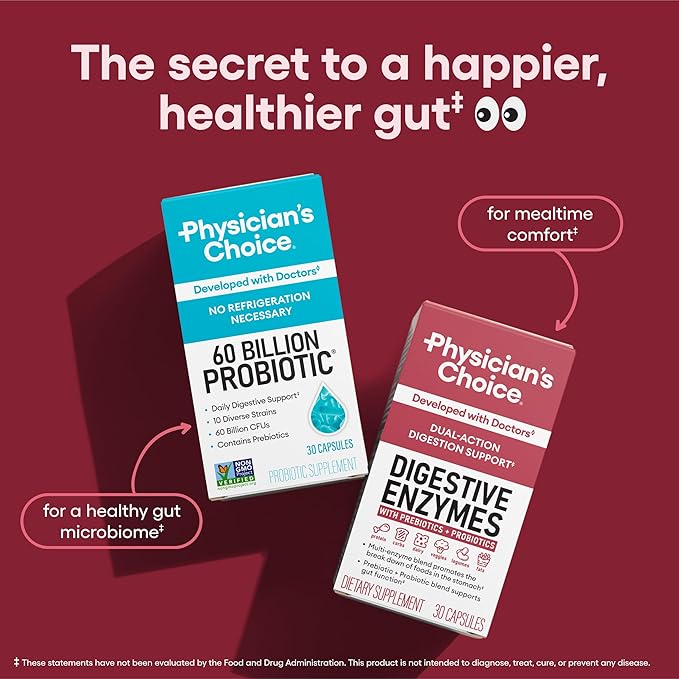 Physician's CHOICE Digestive Enzymes for Bloating & Digestion - 16 Enzymes with Organic Prebiotics & Probiotics for Gut & Digestive Health - Meal Time Discomfort Relief - Dual Action Support - 180 CT