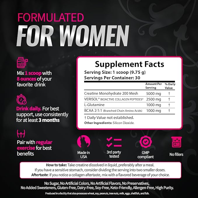 Creatine for Women – Booty Builder Supplement with Collagen & BCAA – Supports Muscle Development, Post-Workout Recovery, Skin Elasticity, Healthy Hair & Nail | Unflavored – 30 Servings