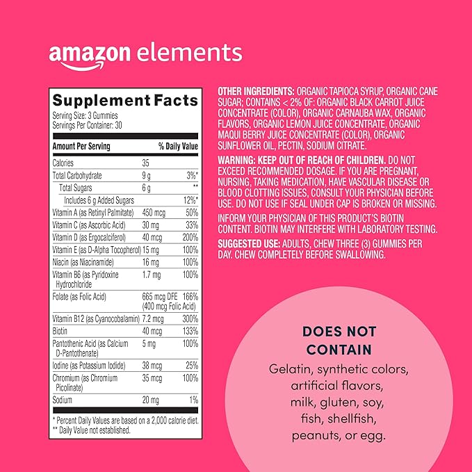 Amazon Elements - Adult Women’s Organic Multivitamins, 90 Gummies (30 servings), Vegetarian, Gluten Free (Previously Revly)