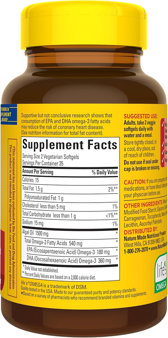 Nature Made Algae Oil Omega 3 Supplement 540mg, Omega 3 Fish Oil Alternative, 70 Veggie Softgels, Sustainable, Plant-Based, for Healthy Heart, Brain, and Eye Support, 70 Softgels