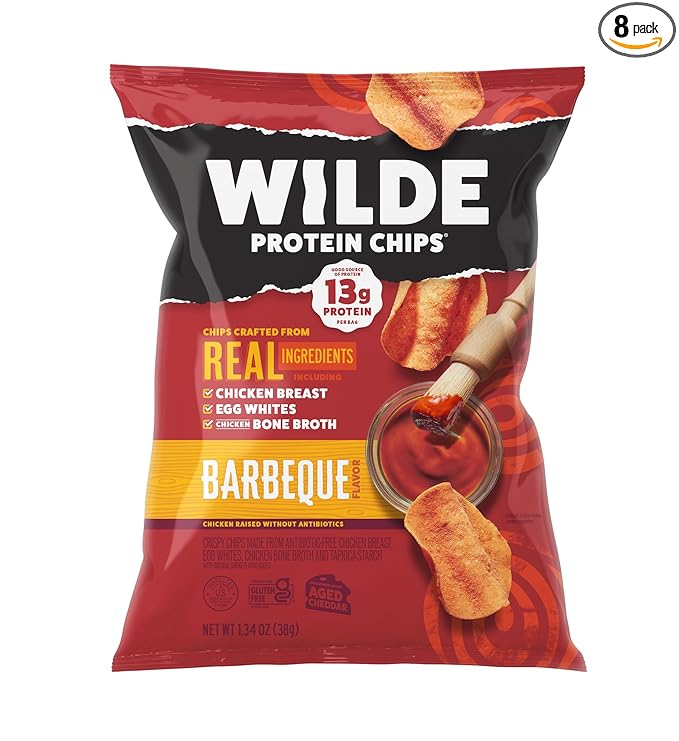 WILDE Protein Chips Barbeque, Thin and Crispy High Protein Snacks, Keto Friendly, Low Carb Chips, Real Ingredients, 1.34oz (Pack of 8)