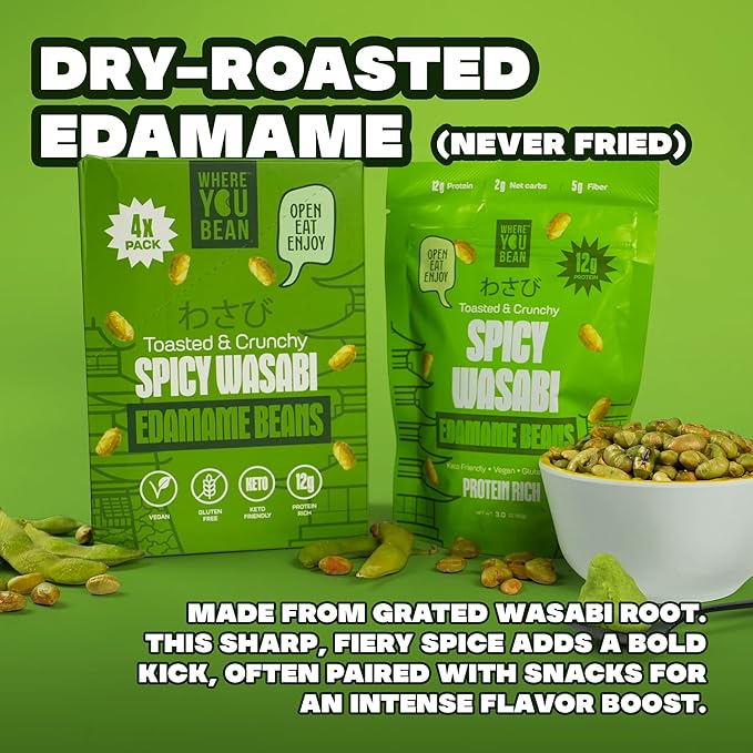 Where You Bean Edamame Beans Snack (Spicy Wasabi) - Crunchy and Dry Roasted Edamame Beans - High Protein Snacks, Keto and Vegan Healthy Snacks for Adults & Low Carb Asian Snack 3 oz (Pack of 4)