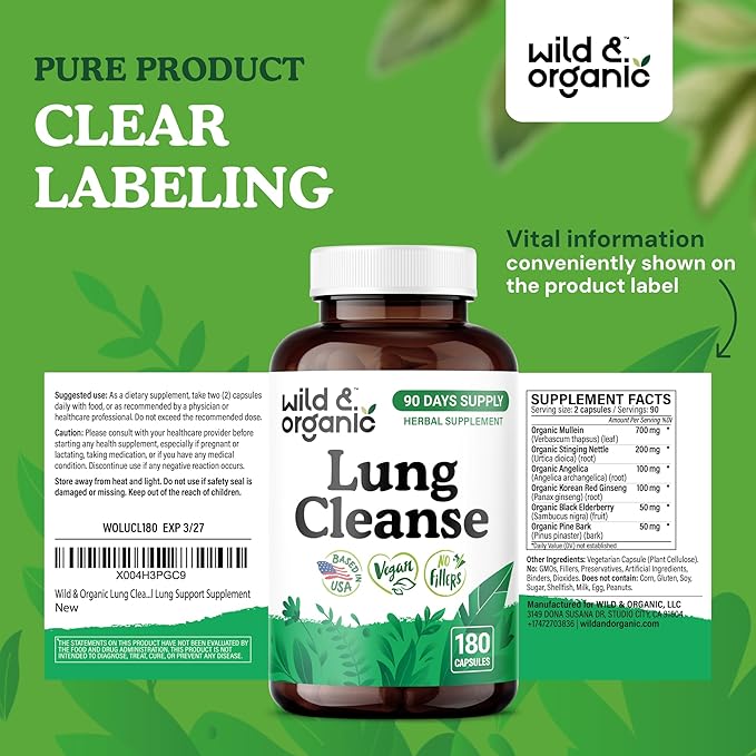 Wild & Organic Lung Cleanse Capsules - Lung Support Supplement with Mullein Leaf, Stinging Nettle, Angelica & Korean Panax Ginseng - Vegan, No Fillers, Non-GMO - 180 Count