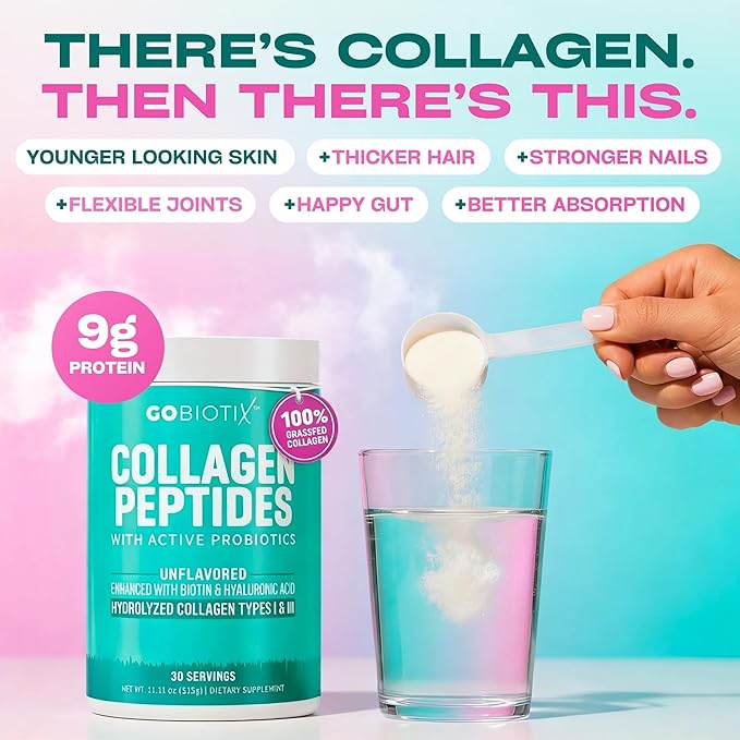 GOBIOTIX Collagen Powder Supplement with Probiotics - Hydrolyzed Protein Collagen Powder for Women - Hair Skin and Nails, Joint and Digestive Health - Collagen Peptides Type I and III - 30 Servings