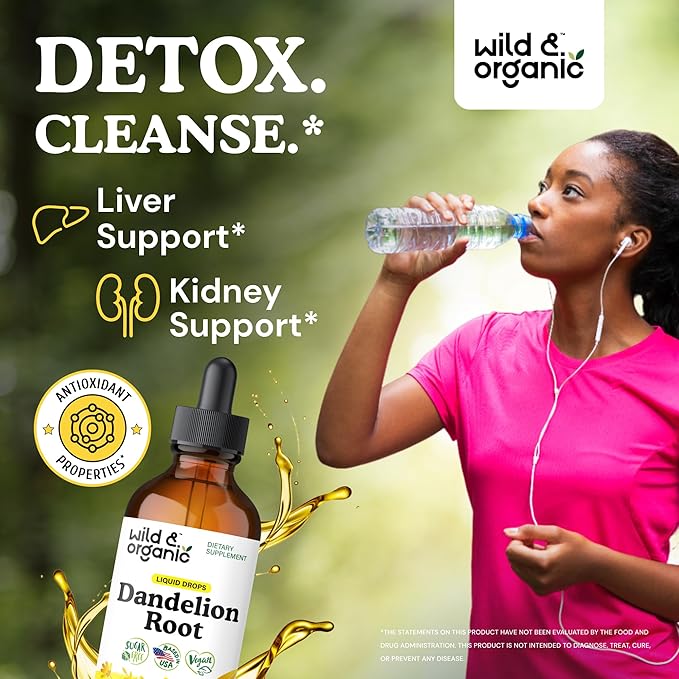 Wild & Organic Dandelion Root Extract Drops - Liver Cleanse Detox - Herbal Dandelion Tincture - Liver Support Supplement - Add to Tea - Vegan, Sugar & Alcohol-Free Liquid Drops - 4 fl oz