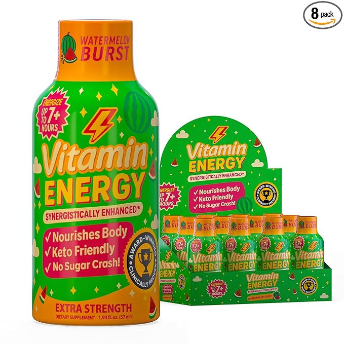 Vitamin Energy Immune+ Extra Strength Energy Shot Watermelon Burst 8 Pack, 260mg Natural Caffeine, B-Vitamins, Citicoline, Green Tea, Immunity & Focus Support, Zero Sugar, Gluten-Free 1.93 fl oz