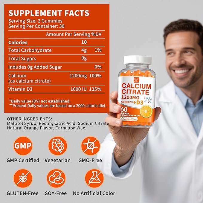 (2 Pack) Calcium Citrate 1200 mg with Vitamin D3 Gummies for Women & Men,Calcium Supplements for Bone & Teeth Support,High Absorption - Easy to Digest, Sugar Free,Vegan,Orange Flavor,60 Day Supply