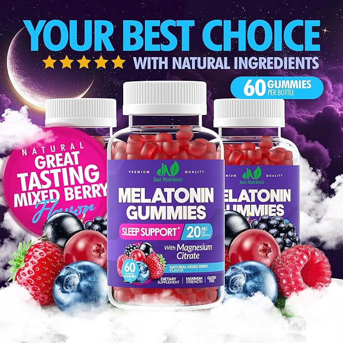 Melatonin 20mg Gummies with Magnesium Citrate - Maximum Strength Sleep Aid for Adults with 10mg of Melatonin Per Gummy - Gluten-Free, Non-GMO, Vegetarian, Mixed Berry Flavor - 60 Gummies