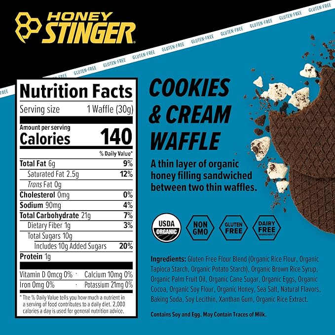 Honey Stinger Organic Gluten Free Cookies & Cream Waffle, Energy Stroopwafel for Exercise, Endurance and Performance, Sports Nutrition for Home & Gym, Pre & During Workout, 16.96 Ounces (Pack of 16)