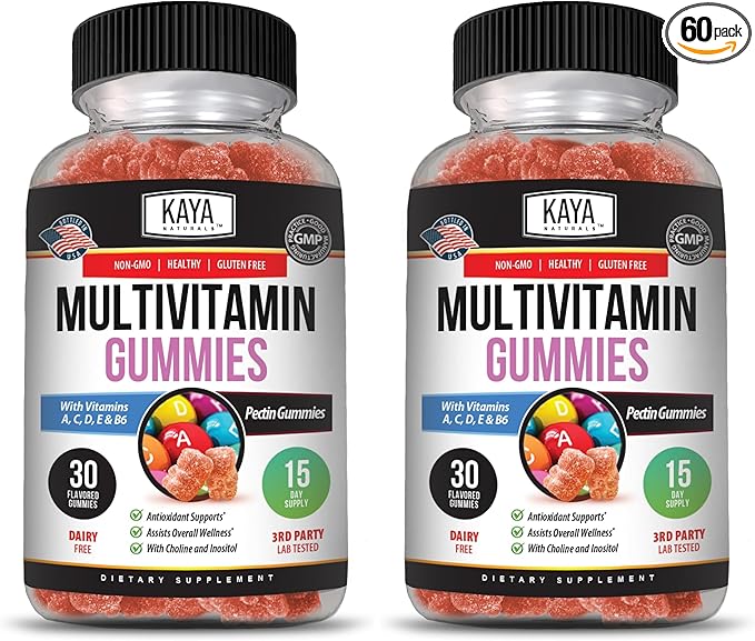 Kaya Naturals Adult Multi Vitamin Gummy, Biotin, Vitamin A, B-12, C & E, Including Zinc, Folic Acid, Strawberry Flavor - Gluten-Free Multivitamins Sweet Adult Gummies (Pack of 2)