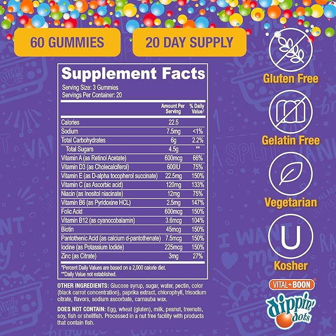 Vital+Boon Dippin' Dots - Multivitamin Gummies for Adults - Gummy Vitamins with Vitamin A, B6, C, D3, E & Folic Acid - Vegetarian, Non-GMO, Gluten-Free (60 Count)