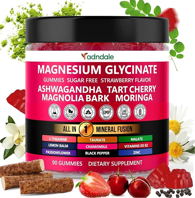 Adndale Magnesium Glycinate 400 mg Gummies with Ashwagandha, Magnesium Malate & Taurate, Tart Cherry, Magnolia Bark, Lemon Balm, Passionflower, Chamomile, L-Theanine, Zinc, Vitamin K2 & D3. 90CT