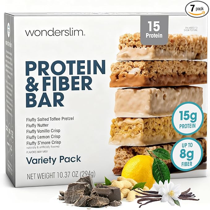 Wonderslim High Fiber Protein Bars, Variety Pack | 15g Protein, 8g Fiber | Low Sugar, Low Carb | Healthy Indulgence | Satisfying, Supports Energy & On-the-Go Convenience, 7 Pack