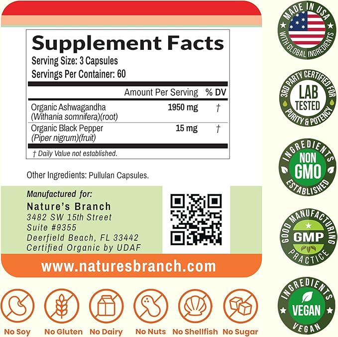 UDAF Certified Organic Ashwagandha with Black Pepper, 1965mg - Extra Strength for Stress, Sleep, Mood, Thyroid, Energy, Hair, Vegan Pure Root Extract Powder Supplement for Men and Women | 180 Capsules