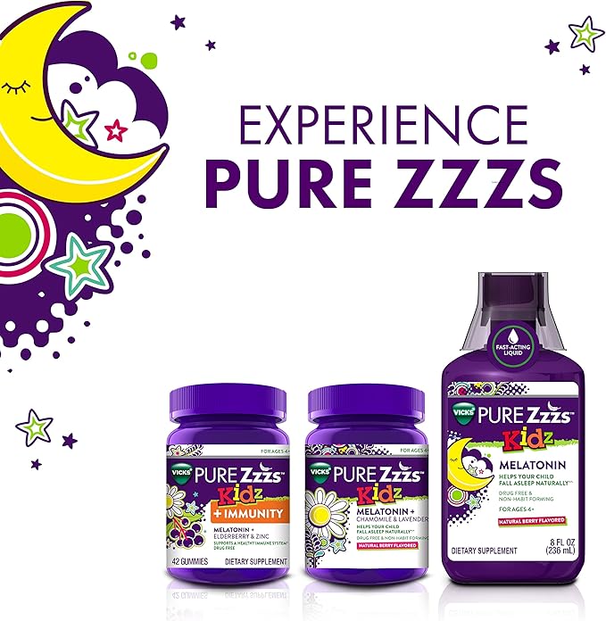 Pure Zzzs Kidz + Immunity by Vicks, Melatonin Sleep Aid Gummies for Kids and Children, Zinc for Immune Support, Low Dose Melatonin, Berry Flavored, 42 Gummies