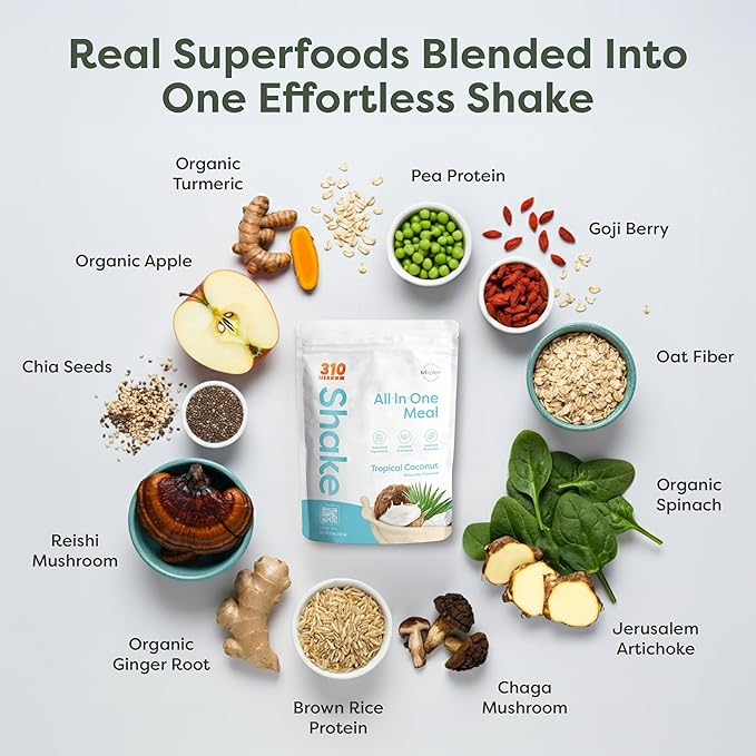 310 Nutrition All-In-One Meal Replacement Shake Powder - Plant-Based Protein Smoothie Blend w/High Fiber, Probiotics & Adaptogens - Low Carb, Vegan, Keto & Paleo Friendly - Tropical Coconut - 14 Srv