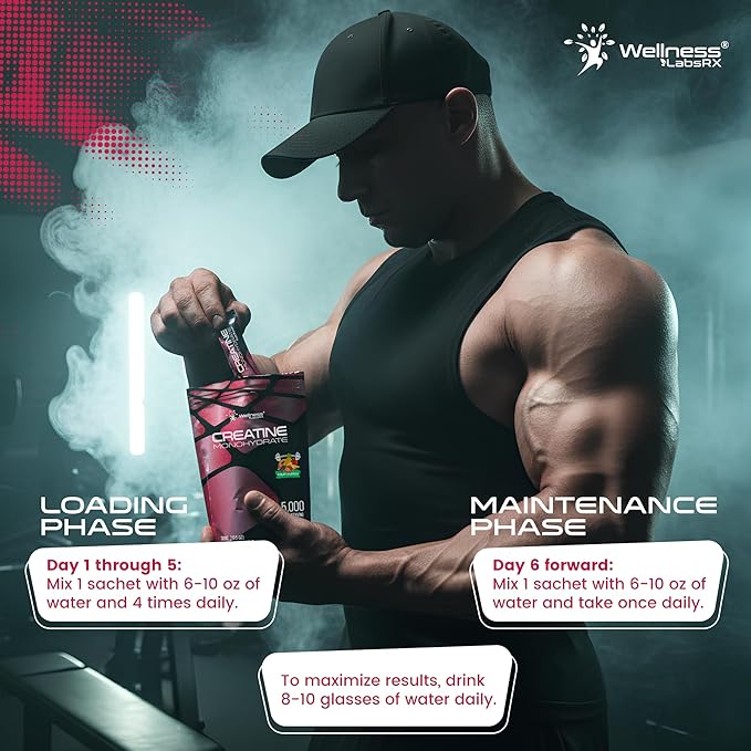 WELLNESS LABSRX Creatine Monohydrate Powder Sachets 300g – Fruit Punch Flavor Micronized Creatine Powder Supplement, Creatine for Women and Men, Supports Strength, Energy, Performance - 60 Servings