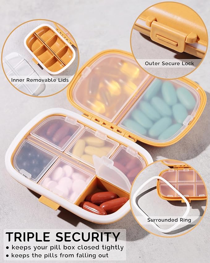 MEACOLIA 3 Pack 8 Compartments Travel Pill Organizer, Daily Pill Case Small Pill Box for Pocket Purse, Portable Pill Container Medicine Vitamin Organizer (Dark Blue, Red, Yellow)