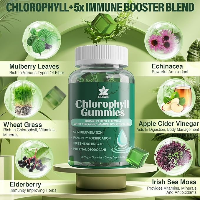 Chlorophyll Gummies - Super Green with Wheat Grass, Sea Moss, Unfiltered ACV & Elderberry, Echinacea, Zinc Complex & Vitamin D3, C, E, B12 for Natural Deodorant, Immune & Digestion Support, Pack of 2