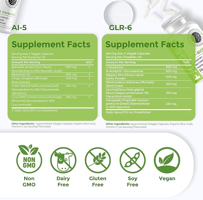 Intestinal Fortitude AI-5 & GLR-6 Digestive Health Supplement Bundle w/Glutamine, Turmeric, Curcumin for Gut Health Capsule Supplement & Support Digestive Health, Non-GMO, Dairy Free - 30-Day Supply