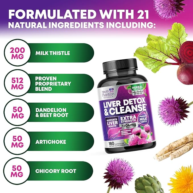 Gentle Liver Cleanse Detox & Repair Formula - Advanced Liver Support Supplement with Silymarin Milk Thistle, Dandelion Root, Artichoke Extract, Turmeric, Choline, & Beetroot - 180 Veggie Capsules