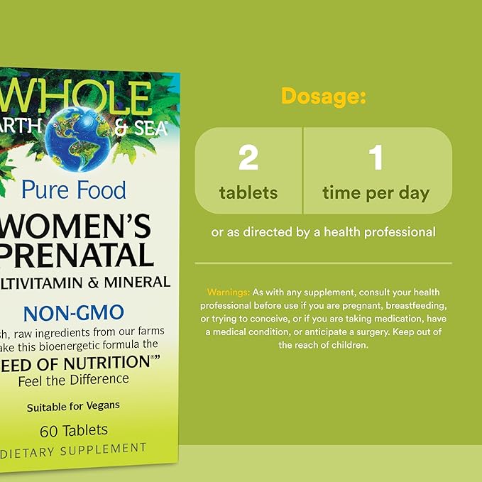 Natural Factors Whole Earth & Sea Women's Prenatal - Daily Prenatal Supplement for Healthy Pregnancy Support - Essential Prenatal with Calcium, Iron, Vitamin, B12 & More - 60 Tablets (30 Servings)
