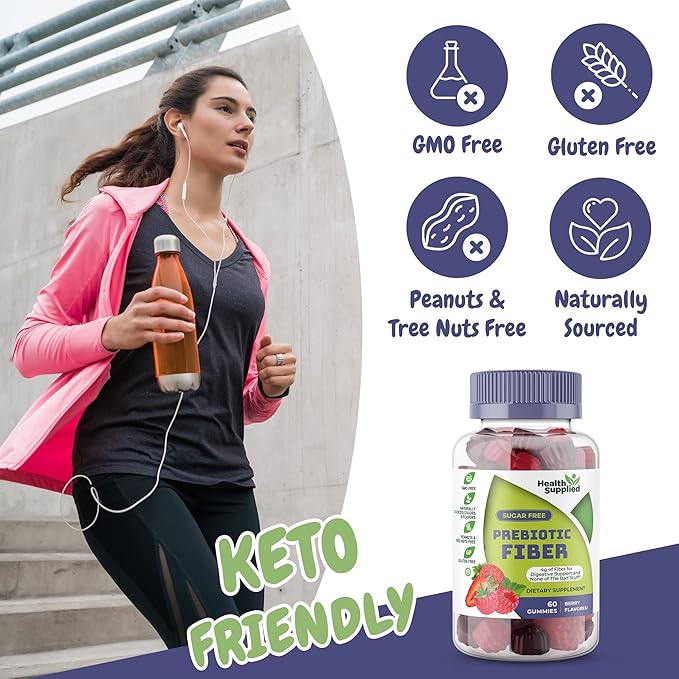 Health Supplied Mixed Berry Flavored Prebiotic Fiber Gummies - Supports Digestive System Gut Cleansing, Constipation Relief - Assists with Weight Loss Plan - Great Tasting and Easy to Swallow