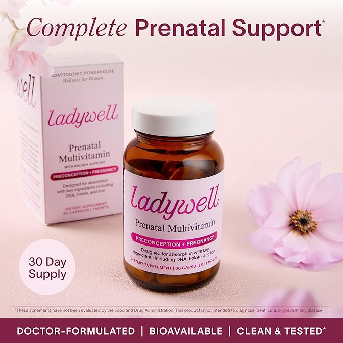 Ladywell Prenatal Multivitamin | Conception, Pregnancy & Postpartum | Key Ingredients Including DHA, Folate & Iron | Expertly-Formulated & Tested | Designed for Absorption with Nausea Support, 2-Pack