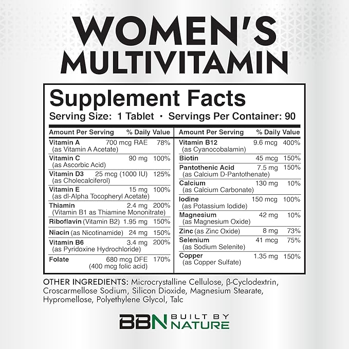 Built by Nature Multivitamin for Women – Daily Womens Multivitamin Supplement with Essential Vitamins & Minerals – Energy, Immunity & Beauty Support – 90 Tablets